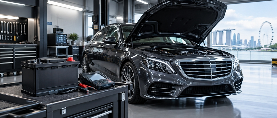 Luxury car battery inspection by mechanic