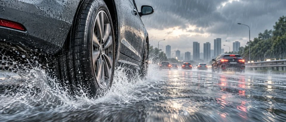 Worn Car Tyres Aquaplaning Heavy Rain